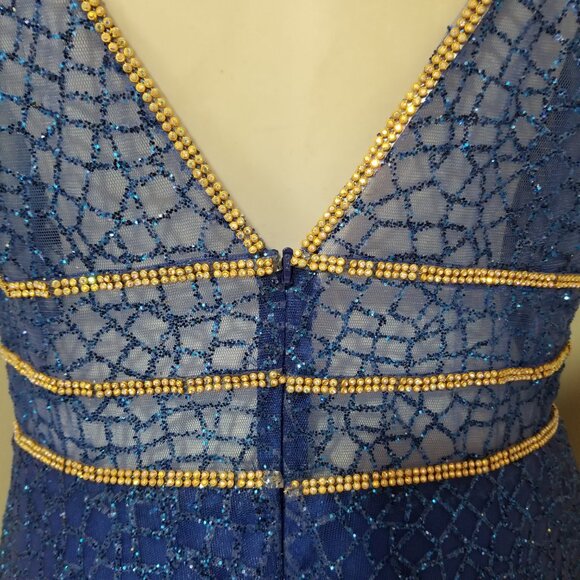Sz XL Anny Lee Blue Glitter Plunge Illusion Gown with Gold and AB Crystal Trim - Picture 5 of 12